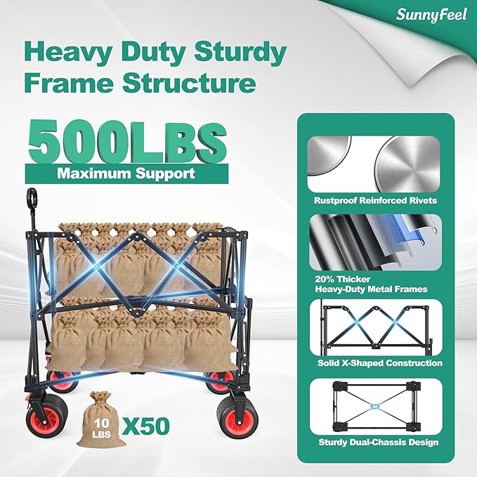 SunnyFeel Heavy Duty Collapsible Outdoor Utility Wagon Cart 500LB Capacity Adjustable Handlebar,Foldable Beach Wheels Stable Durable Oxford Fabric for Shopping Garden Camping (Red, Double Deck)