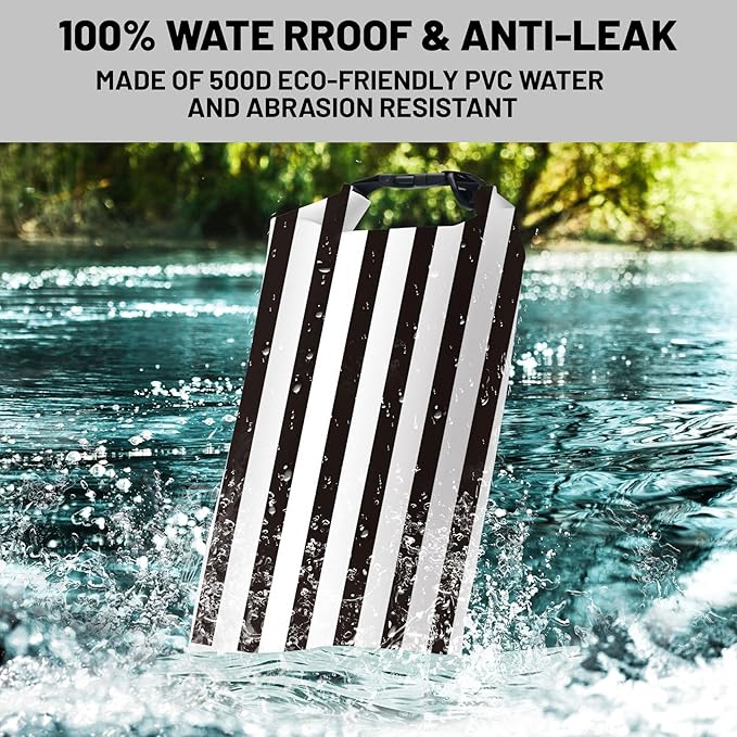 Waterproof Dry Bag,Roll Top Black and White Stripes Small Waterproof Backpack 5L/10L/20L Floating and Lightweight Bags for Kayaking, Boating, Fishing, Swimming and Camping with Waterproof Phone Case