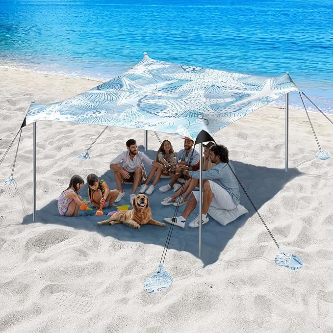 Beach Tent Sun Shelter, 10 x 10 FT Beach Canopy Tent Sun Shade, UPF50+ Beach Tent Canopy with 8 Sandbags & 4 Stability Poles, Outdoor Beach Tent for Beach Camping Fishing, Starfish