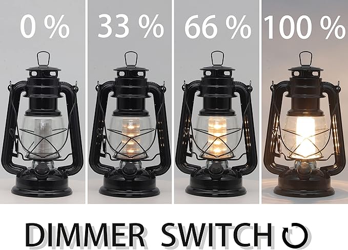 YAKii LED Vintage Metal Hanging Hurricane Lantern - 12 LED Dimmer Switch, Warm White Battery Operated Lantern for Power Outage, Indoor Camping, Outdoor Decoration (Black)
