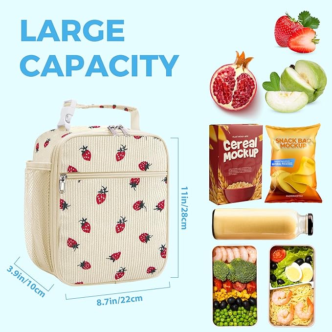 RLGPBON Cute Insulated Lunch Bags for Women and Teen Girls, Corduroy Lunch Tote Bags Reusable Lunch Box, Large Capacity Cooler Tote Bag for Work Picnic or Travel