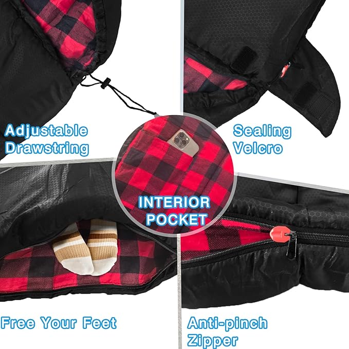 Flannel Sleeping Bag 0 Degree Cold Weather for Adults XXL Sleeping Bag 4 Season Big and Tall with Compression Sack