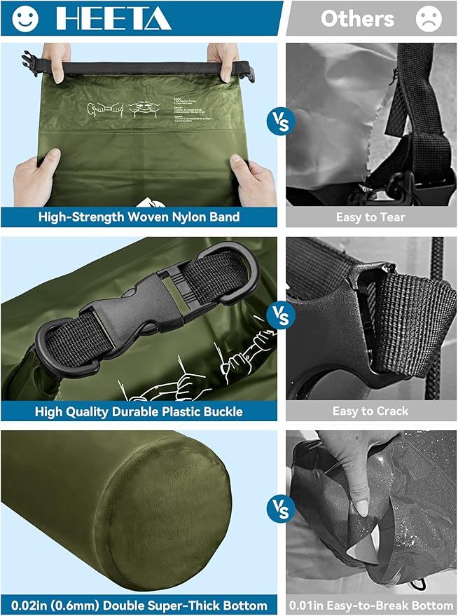 HEETA Dry Bag Waterproof for Women Men, 5L/10L/20L/30L/40L Roll Top Lightweight Dry Storage Bag Backpack with Phone Case for Travel, Swimming, Boating, Kayaking, Camping & Beach, 11 Transparent Colors