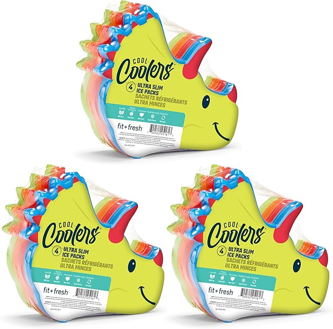 Fit & Fresh Cool Coolers Kids Lunch Box Ice Packs, Slim Ice Packs for Lunch Bags, Lunch Ice Packs Reusable-Multicolored 12 Pack Dino