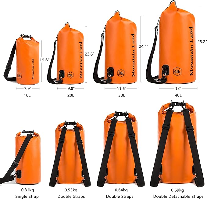 Mountain Land Waterproof Beach Dry Bag Roll Top Backpack Boat Bag Dry Sack for Kayaking Rafting Fishing Hiking Camping (Orange-40L, 40L)