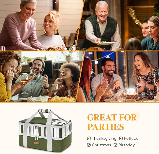 Double Decker Insulated Casserole Carrier for Hot or Cold Food, Lasagna Holder Tote for Potluck Parties/Picnic/Cookouts, Fits 9"x13" Baking Dish, Dark Green