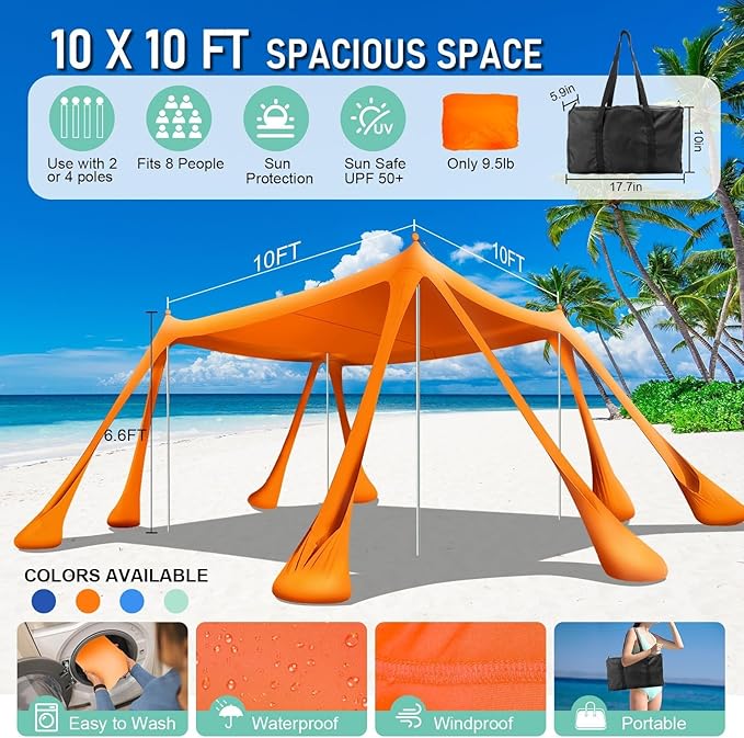 Beach Tent Sun Shelter Beach Canopy Tent Sun Shade Pop Up 10x10 UPF50+ with 8 Sandbags-2 Sand Shovel-Portable 4 Aluminum Poles-Ground Pegs-Easy Setup for Outdoor Family Camping Fishing Picnic
