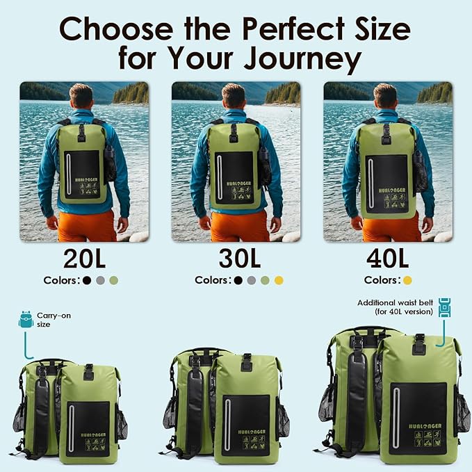 Waterproof Backpack 20L/30L/40L- Roll Top Closure Bag - Hiking Backpack - Lightweight Durable Floating Dry Bag with IPX8 Waterproof Phone Case