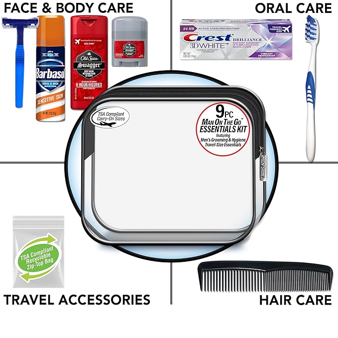 Convenience Kits International Men's Deluxe, 9-Piece Kit with Travel Size TSA Compliant Essentials, Featuring: Old Spice Products in Reuseable Toiletry Bag (Pack of 3)
