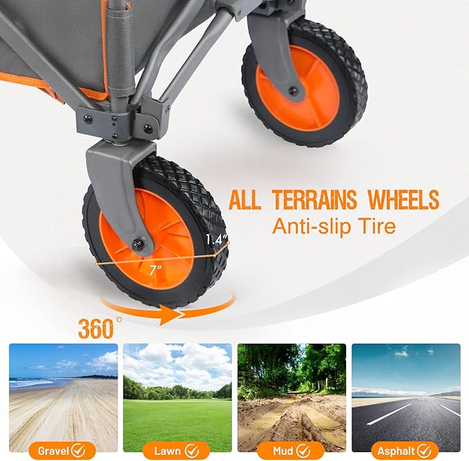 PORTAL Collapsible Folding Wagon, Push Pull Foldable Beach Wagon Cart with All-Terrain Wheels, Heavy Duty Utility Grocery Wagon for Outdoor Camping Garden Sport Shopping, Holds 225 lbs, Grey/Orange