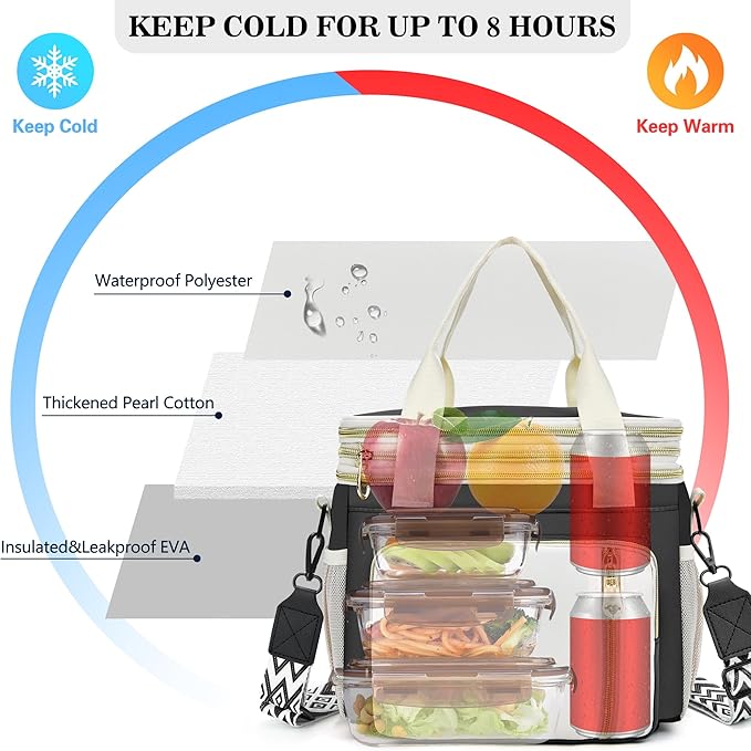 LOKASS Lunch Box for Men/Women-16L-Insulated Lunch Bag, Expandable Double-Layer Leakproof Cooler Bag with Upgrade Adjustable Shoulder Strap Ideal for Work/Travel/Picnics（Black&White）