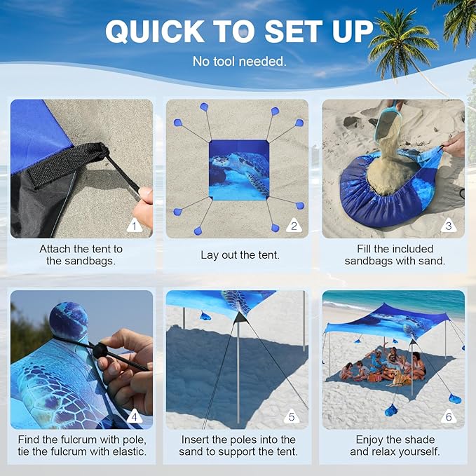 Rhino Valley Beach Tent Sun Shelter, 10x10FT Beach Canopy Tent Sun Shade UPF50+ Protection with 8 Sandbags 4 Stability Poles, Outdoor Beach Shade Canopy 6-8 People for Beach Camping Fishing