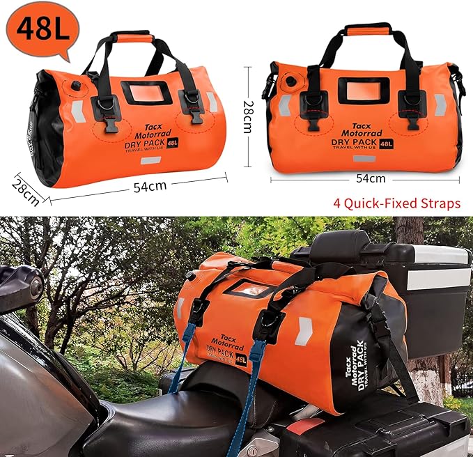 Waterproof Duffel Bag for Men/Women, Roll-top Dry Backpack Duffel Bag with Quick-fixed Straps, Motorcycle Tail Saddle Bag for Motorcycling, Rafting, Boating, Kayaking, Travel, 48L-Orange