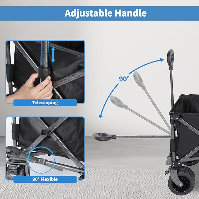 YSSOA Collapsible Folding Wagon Cart, Beach Wagon for Sand with Big Wheels, Heavy Duty Foldable Utility Wagon, Portable Garden Cart with Adjustable Handle, Foldable Grocery Wagon for Camping Sports