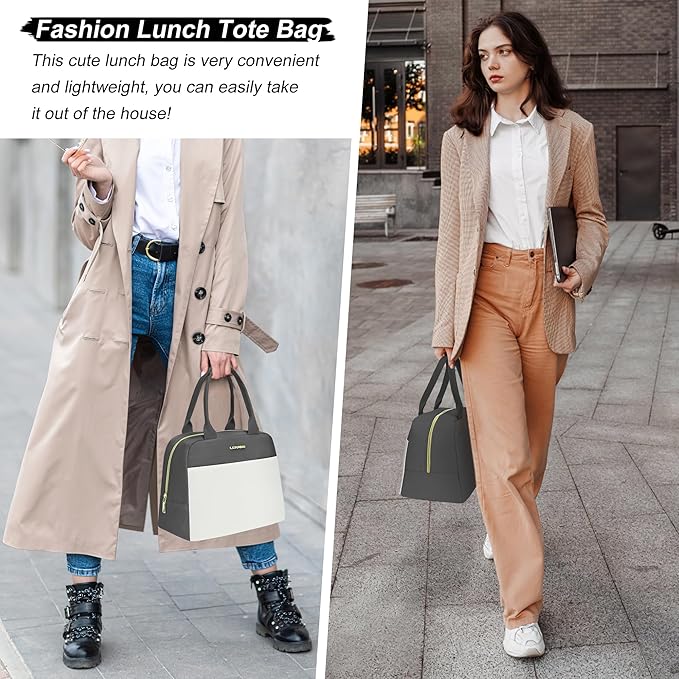 LOKASS Lunch Bag for Women-Insulated Adults Lunch Box with Front Pocket- Small Cute Lunch Tote for Work-Reusable Cooler Bag for Office Picnic Beach or Travel (Dark Grey)