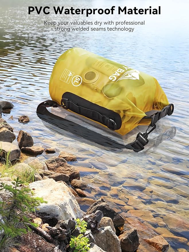 HEETA Waterproof Dry Bag with Phone Case Bundled with Upgraded Dry Bag with Zippered Pocket for Women & Men, Roll Top Lightweight Dry Storage Bag Backpack for Kayaking, Boating, Camping (Yellow 5L)