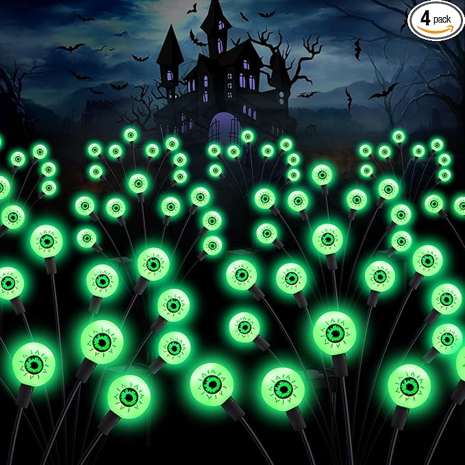 ASMAD Halloween Decorations Outdoor Solar Scary Eyeball Lights, 4Pack 32LEDs Green Eyeball Swaying Firefly Light, Waterproof Halloween Path Lights for Garden/Yard/Patio/Party Decor