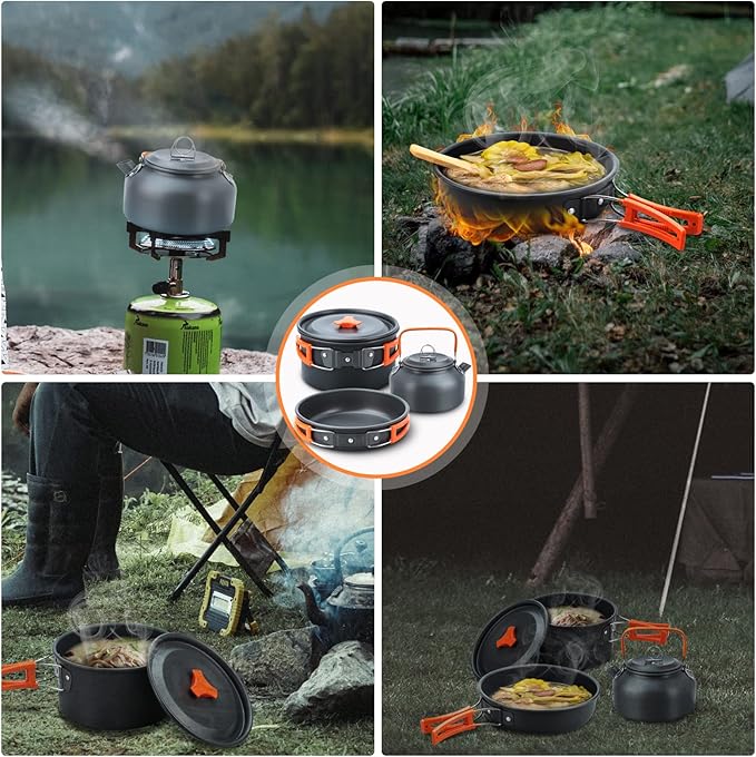 LIXADA 16pcs Camping Cookware Mess Kit, Non-Stick Lightweight Pot Pan Kettle Set with Stainless Steel Plates Forks Knives Spoons, Portable Camping Cooking Set for Outdoor Backpacking Hiking Picnic