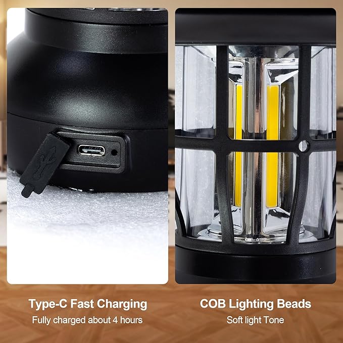LED Camping Lantern Rechargeable 2 Fixed Models Hanging Tent Lanterns Type-C IPX4 Waterproof for Camper Power Outages Essentials for Picnics Home Patio Travel, Black