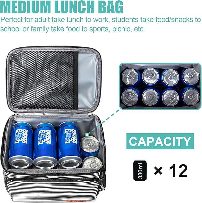 Tiblue Insulated Lunch Bag for Women/Men - Reusable Lunch Box for Office Work School Picnic,Leakproof Freezable Cooler Bag with Adjustable Shoulder Strap for Kid/Adult(Medium, Black & White Stripes)