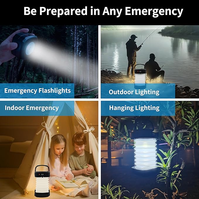 Solar Powered Lantern Flashlight,2-Pack Collapsible LED Camping Lantern,Portable USB Rechargeable Lamp for Power Outages,Emergencies,Hurricanes,Tent Lighting,Hiking,Backpacking Gear(Black)