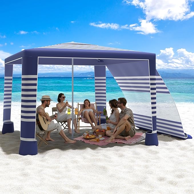 MoKo Beach Cabana, 8'×8' Large Beach Canopy with Side Wall, UPF 50+ Protection Easy Setup Beach Tent Sun Shelter, Adjustable Height Wind Resistant Cabana Beach Tent for Whole Family, Navy Stripes
