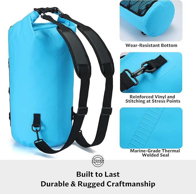 STOVER 5/10/25/30/40/55L Waterproof Dry Backpack- Medium Floating Dry Bag for Kayaking, Travel, Tubing, Hiking, Fishing, Camping, Motorcycles & the Beach, Heavy-Duty Roll Top Men/Women (Blue)