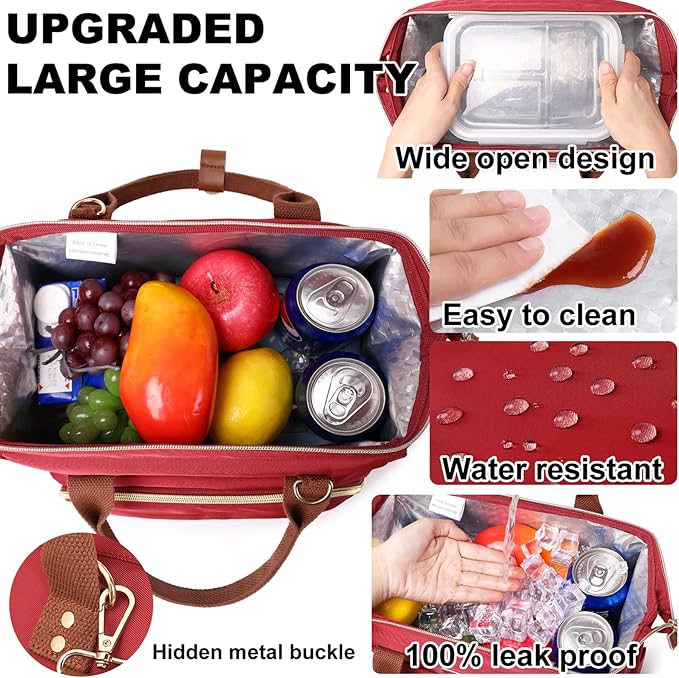 AIJIEKE Lunch Bag for Women, Large Lunch Box for Work Insulated Lunch Bag, Adult Leak Proof Lunch Tote Cooler Bag with Side Pockets & Adjustable Strap, Lunch Purse for Picnic Beach Hiking, Red