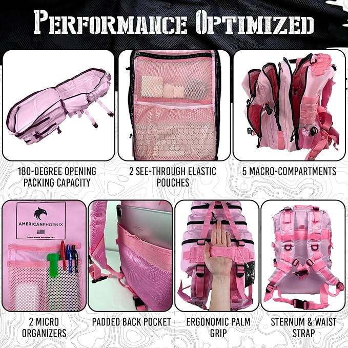 45L Elite Tactical Backpack | 3X Stronger Work & Military Backpack | Water Resistant and Heavy Duty | 3 Day MOLLE Bug Out Bag (Rose Pink)