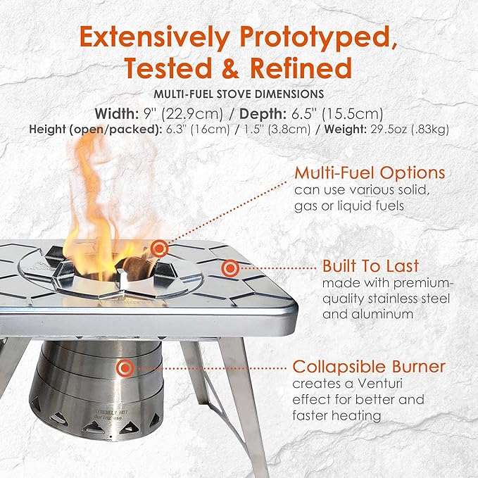 nCamp - Stove Plus Portable Camp Stove Set, Outdoor Multi Fuel Camp Stove, Wood Stove with Iso-Propane Adapter, Mini Stove for Gas, Hexamine Tablets, Liquid Fuels, Portable Camp Cooker 2-Piece Set