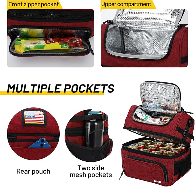 MIER Dual Compartment Lunch Bag Tote with Shoulder Strap for Men and Women Insulated Leakproof Cooler Bag, Dark Red