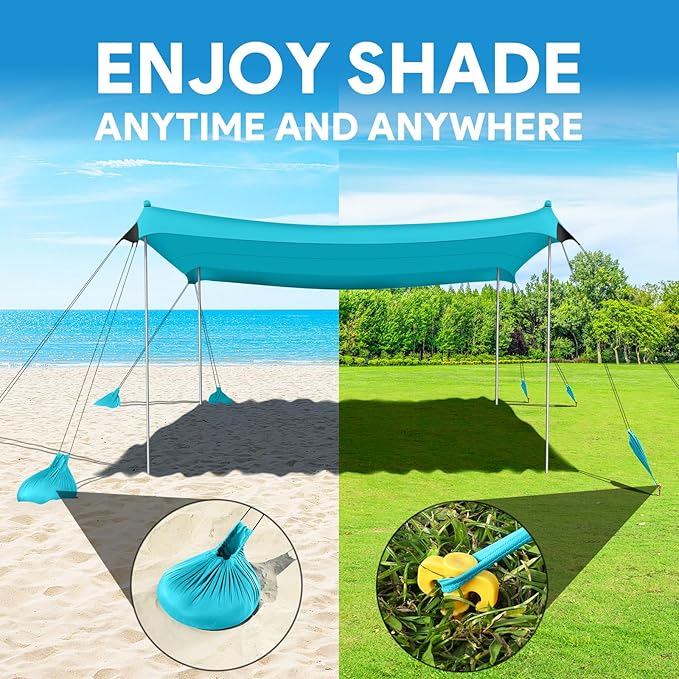 Beach Tent Sun Shelter, UPF50+ Beach Tent Canopy with 8 Sandbags & 4 Stability Poles, 10 x 10 FT Beach Canopy Tent Sun Shade, Outdoor Beach Tent for Beach Camping Fishing, Light Blue