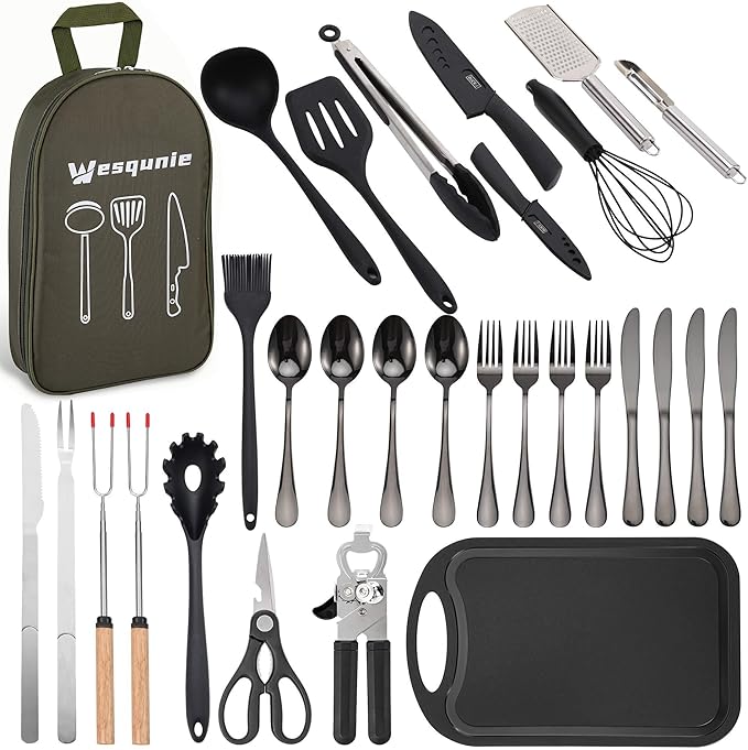 Camping Cooking Essentials Utensils Set - Camp Cookware Kitchen Accessories Kit, Camper Gear Must Haves, Stainless Steel & Silicone, RV Car Portable Outdoor Equipment Tool