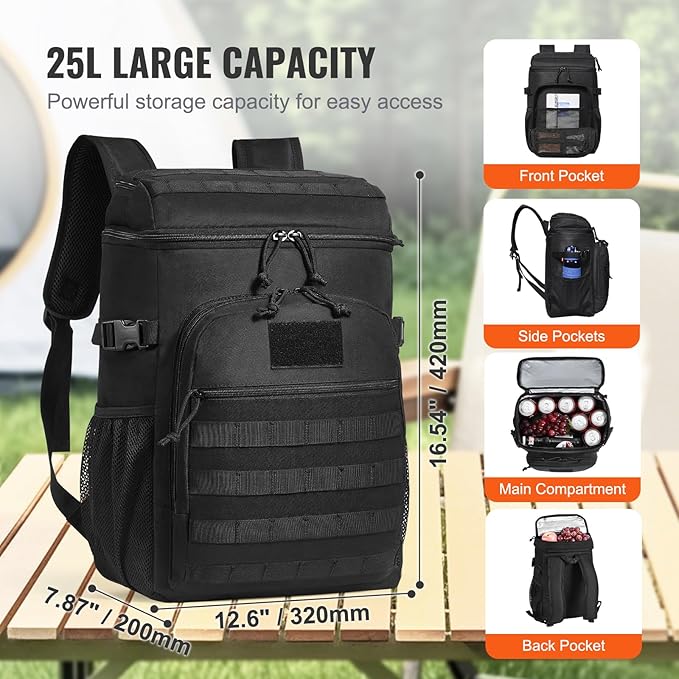 VEVOR Tactical Backpack Cooler, 25L Lunchbox for Work Insulated Leakproof with MOLLE, Lunch Cooler Box with Storage Bags, Lunch Bags Soft Cooler for Office, Picnic, Hiking, Beach, Camping