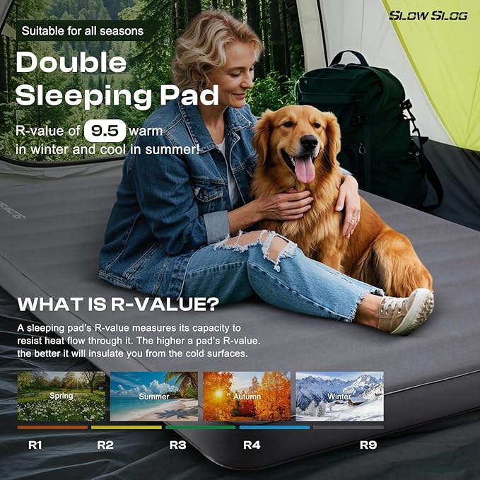 Self-Inflating Camping Mattress Pad 2 Person, 4in Thick Foam Sleeping Pad for Tent Camping, 4-Season Double Sleeping Pad with Pump Sack, Gray