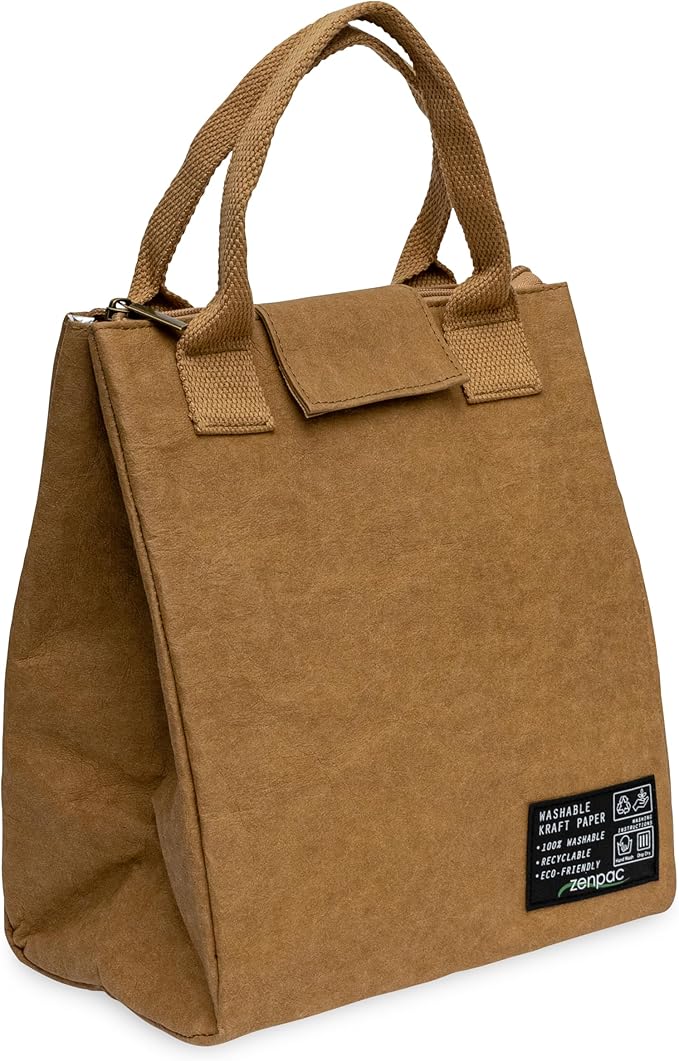 ZENPAC Brown Insulated Lunch Bags with Handles, Washable Kraft Luchbox for Men, Women, Water Resistant Cooler for Beverages, Work, School, 8.5x5.5x9.5