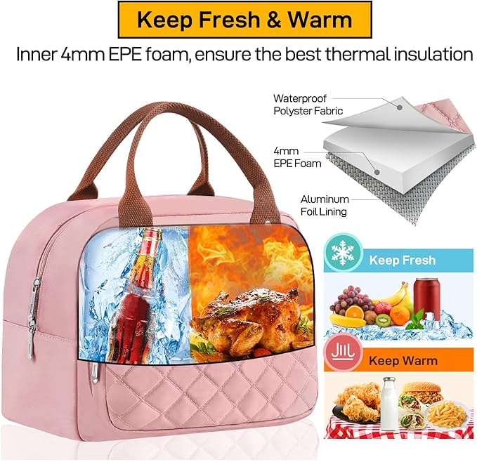 Buringer HOMESPON Lunch Bag for Woman Man Adults with Front Pocket Insulated Lunch Tote Lunch Box Container for Work Picnic or Travel（Pink）