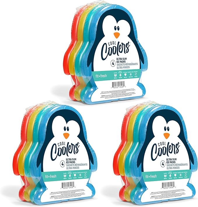 Fit & Fresh Cool Coolers Kids Lunch Box Ice Packs, Slim Ice Packs for Lunch Bags, Lunch Ice Packs Reusable-Multicolored 12 Pack Penguin