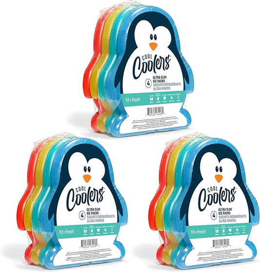 Fit & Fresh Cool Coolers Kids Lunch Box Ice Packs, Slim Ice Packs for Lunch Bags, Lunch Ice Packs Reusable-Multicolored 12 Pack Penguin
