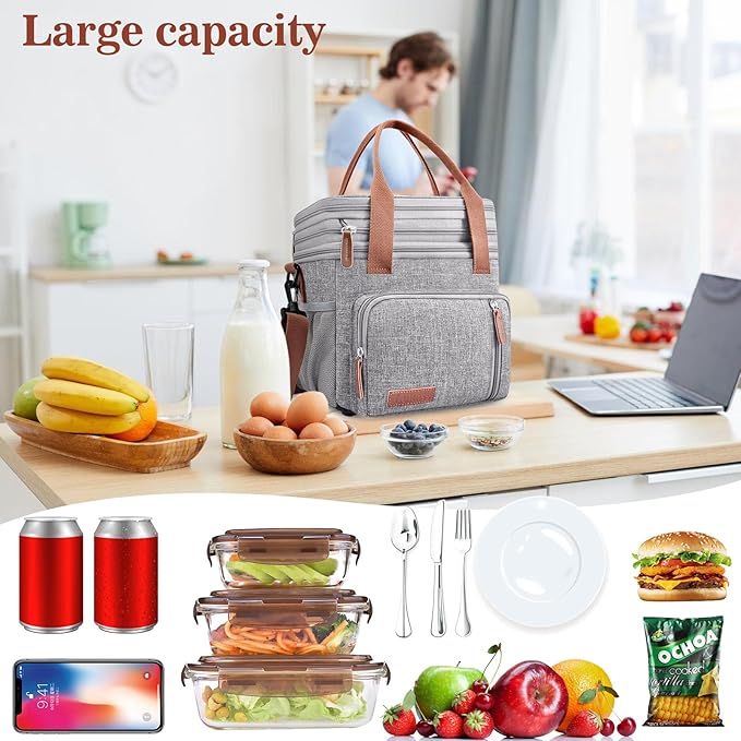 LOKASS Lunch Box for Women, 16L, Double Deck Expandable Insulated Lunch box For Adults/Women Thermal Large Waterproof Leakproof Cooler Bag with Shoulder Strap - Grey