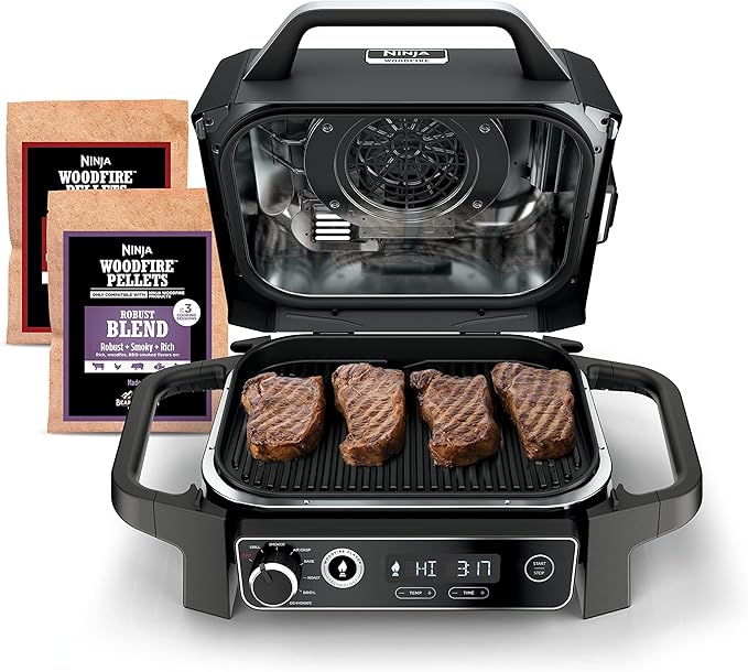 Ninja | Woodfire Series | 7-in-1 (Grill, BBQ, Roast, Air Fry, Dehydrate, Broil, Smoke) | Portable & Weather Resistant | Cook Up To 6 Steaks & 30 Hot Dogs | Woodfire Pellets included | OG701