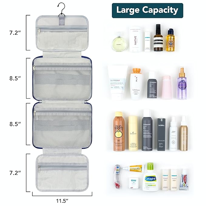 PAVILIA Hanging Toiletry Bag Travel Bag Women Men, Foldable Cosmetic Organizer, Roll up Makeup Bag, Water Resistant Accessories Toiletries, Large Travel Essentials Kit (Navy Stripe)