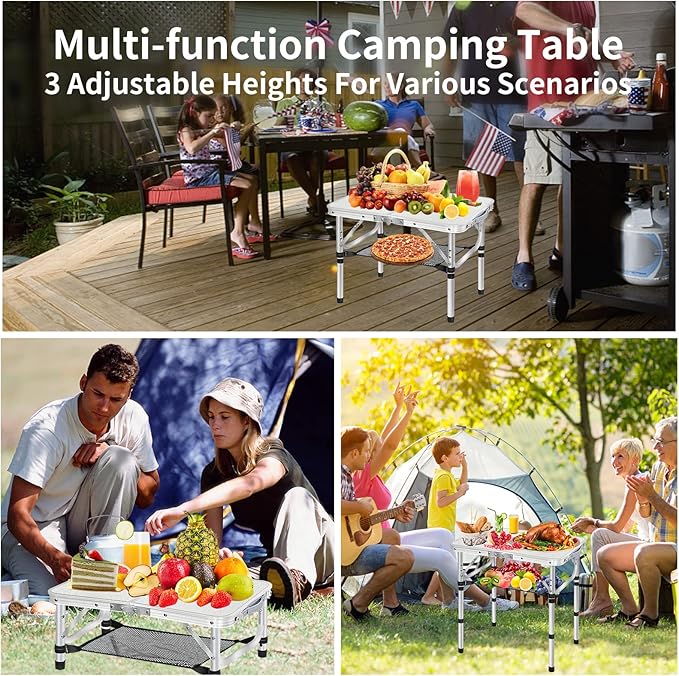 Small Folding Camping Table, 3 Heights Adjustable Portable Camp Table, 2Ft 24''L x 16''W Aluminum Foldable Picnic Table with Mesh Layer, White Folding Table for Outdoor Indoor Beach BBQ
