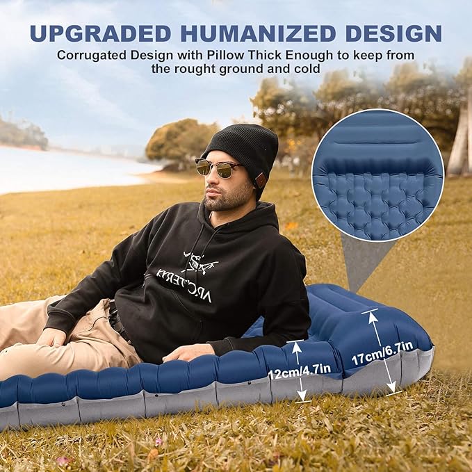 Camping Sleeping Pad with Pillow: Extra Thick 4.7 Inch Ultra-Light Self Inflating Air Mat, Portable Waterproof Inflatable Sleep Mattress with Built-in Foot Pump for Outdoor Traveling (Navy Blue)