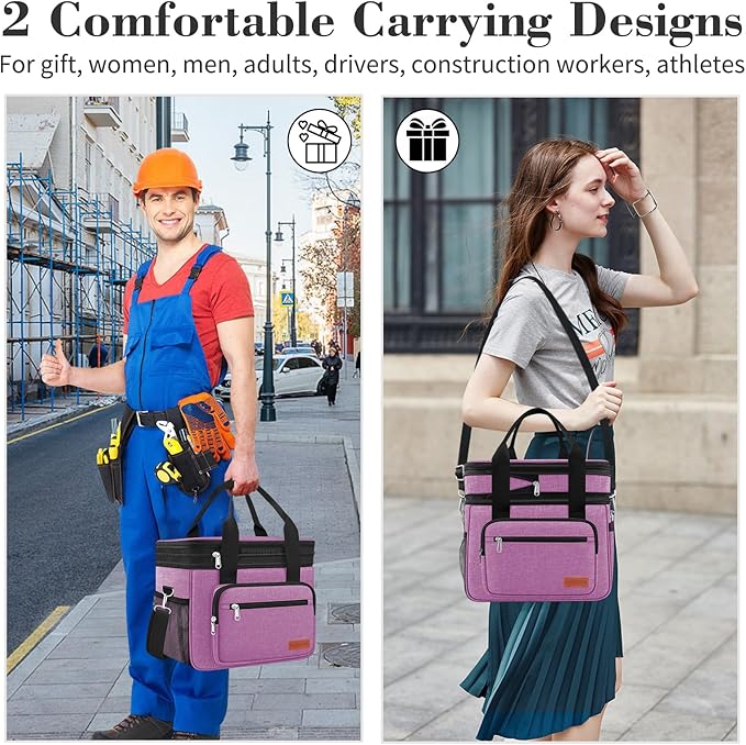 23L Extra Large Expandable Insulated Cooler Lunch Box for Men Double Deck Leakproof Heavy Duty Lunch Bag with 4 Ice Packs&2 Snack Bags for Adult/Construction/Women/Work/Picnic/Camping - Purple