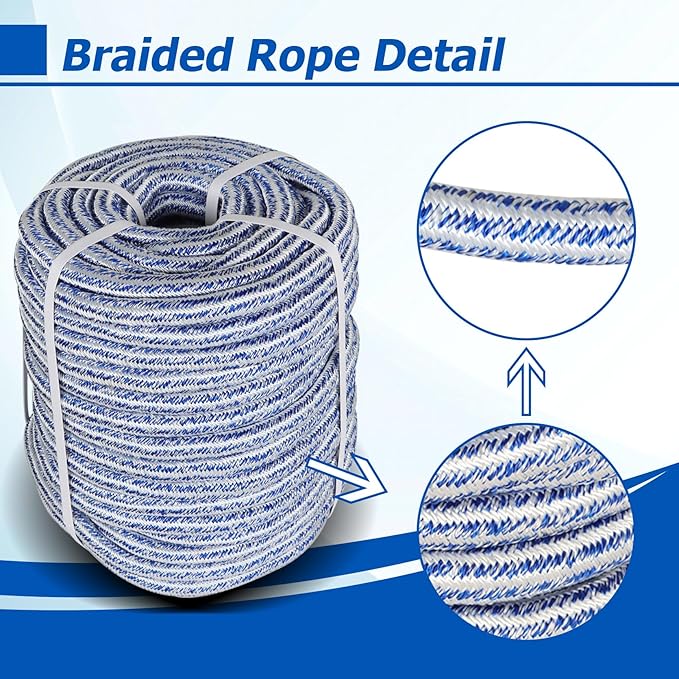 3/4 Inch x 150 Feet Double Braid Polyester Rope 20000Lbs Breaking Strength Strong Pulling Rope for Tree Work Camping Swings(Blue White)