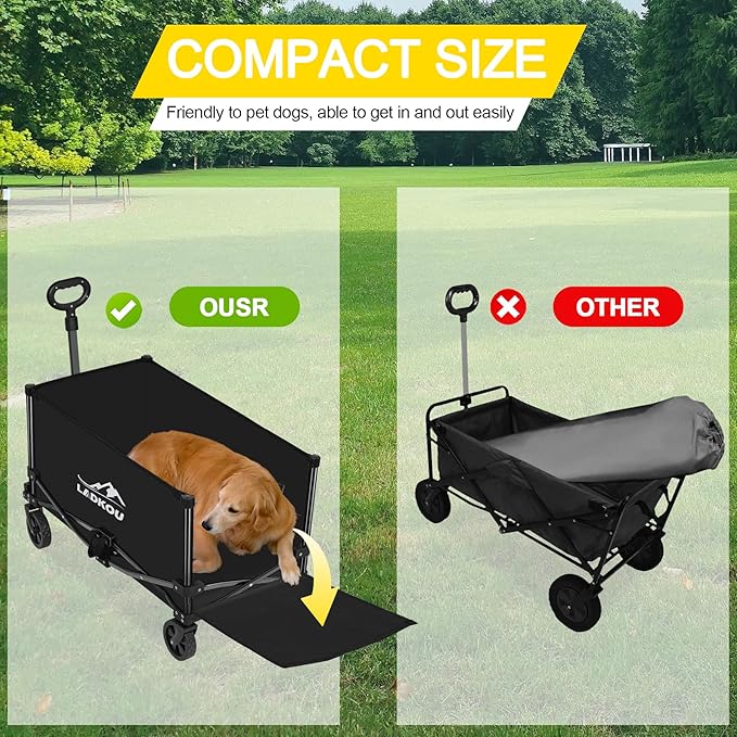 Collapsible Foldable Wagon, Heavy Duty Beach Cart with 140L Capacity and 220LBS Load, Portable Utility Grocery Wagon for Outdoor Camping Garden, Black