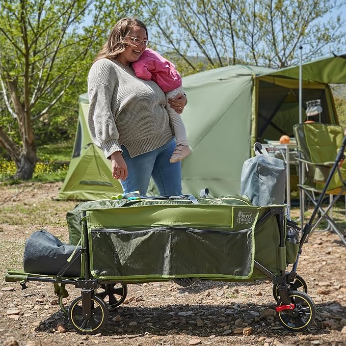 TIMBER RIDGE 49" Extra Long Collapsible Folding Wagon with Tailgate and Brakes, 300lbs Heavy Duty Foldable Wagon with Adjustable Handle, 250L Capacity Portable Cart for Outdoor Camping Sports, Green
