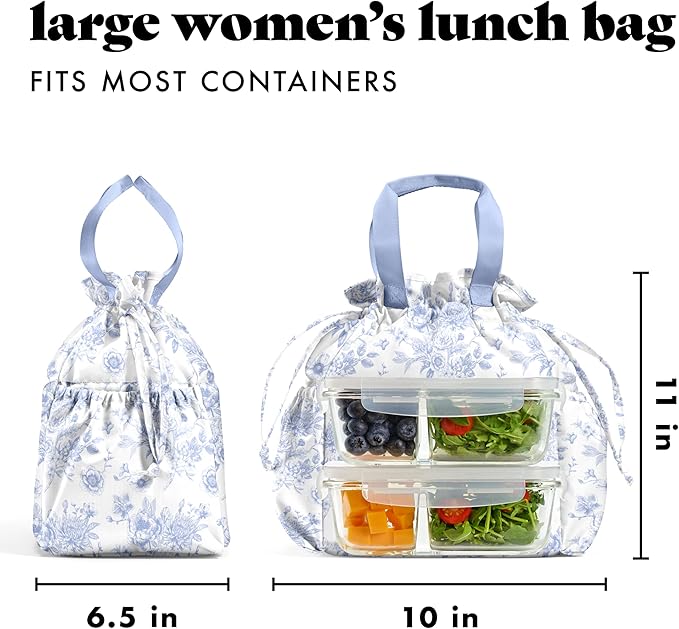 Fit & Fresh Lunch Bag For Women, Insulated Womens Lunch Bag For Work, Stain-Resistant Large Lunch Box For Women With Containers, Cinch Closure Cromwell Bag, Cornflower Floral Toile