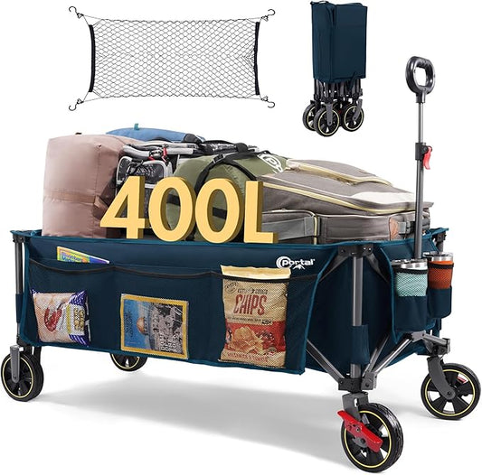 PORTAL 51.2" Long Wagons Carts Foldable with Brakes, Large Collapsible Wagon with Cargo Net, Side Pocket, Cup Holders, 350 LBs Heavy Duty Utility Grocery Wagons for Sports, Camping
